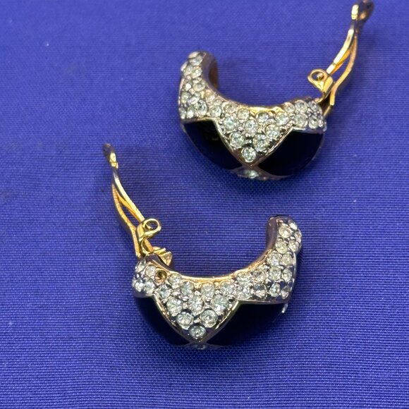 VTG Kenneth Lane Gold-Tone, Black Enamel & Clear Crystal Clip Earrings - Picture 13 of 16